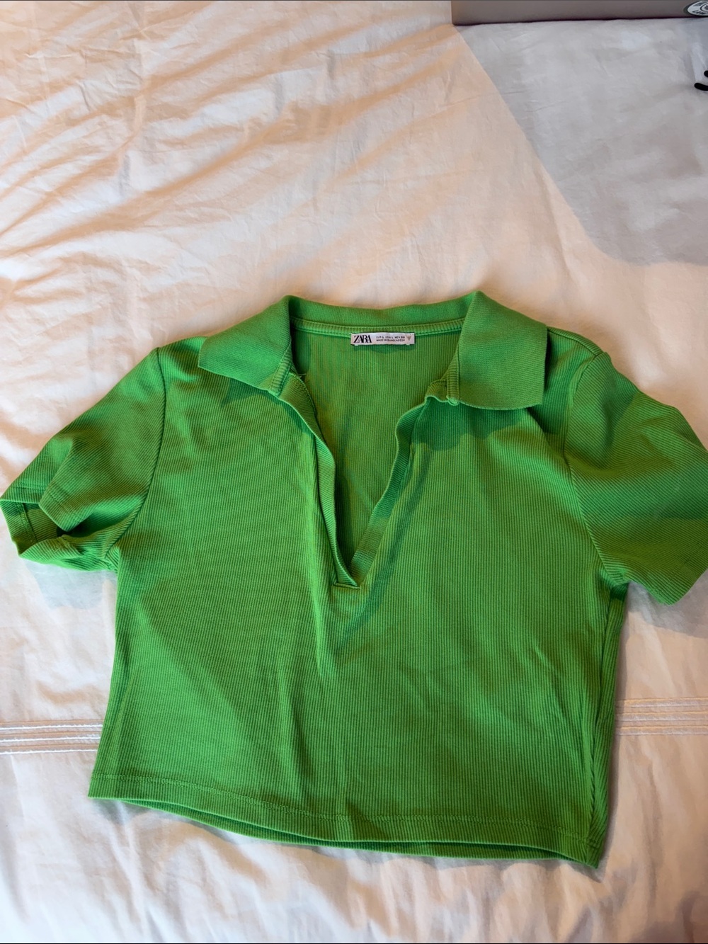 Zara Bright Green Ribbed Polo Crop